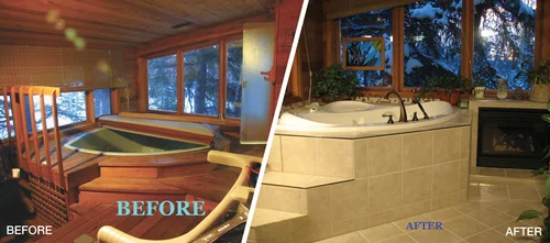 Bathtub and shower area before and after restoration work