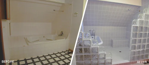 Shower area before and after cleaning or restoration work