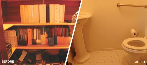 Before and after interior restoration showing cleaned and repaired space