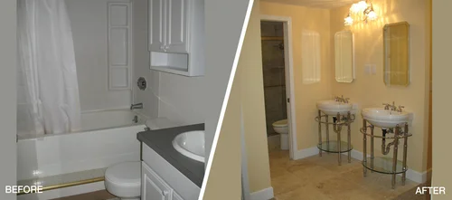 Bathroom before and after renovation or restoration comparison