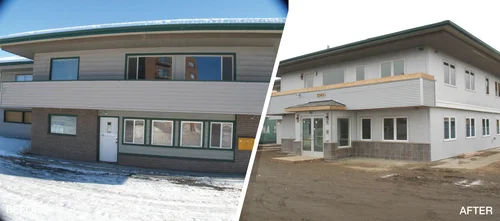 Residential building exterior after restoration or construction work
