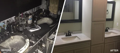 Bathroom sink area before and after cleaning or restoration