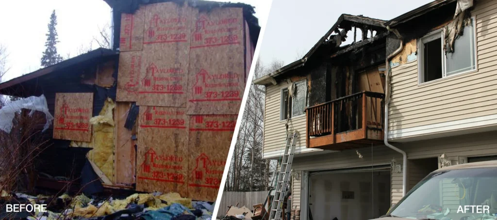 Fire-damaged home exterior with visible structural damage and debris