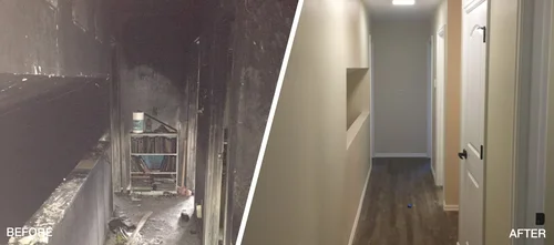 Before and after interior hallway showing restoration progress