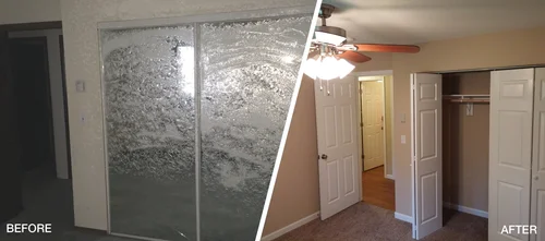Bathroom or shower wall before and after mold or moisture cleanup