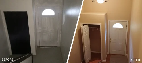Interior wall before and after repair and repainting