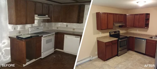 Kitchen before and after restoration with updated cabinets and appliances