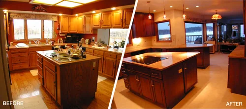 Kitchen before and after restoration showing updated cabinetry and lighting