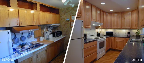 Kitchen before and after renovation or restoration comparison