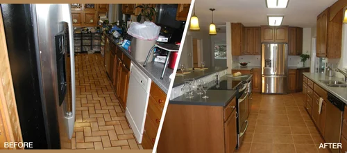 Kitchen sink and countertop area before and after restoration