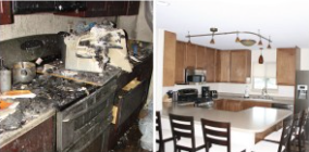 Severely damaged kitchen area from fire or water incident